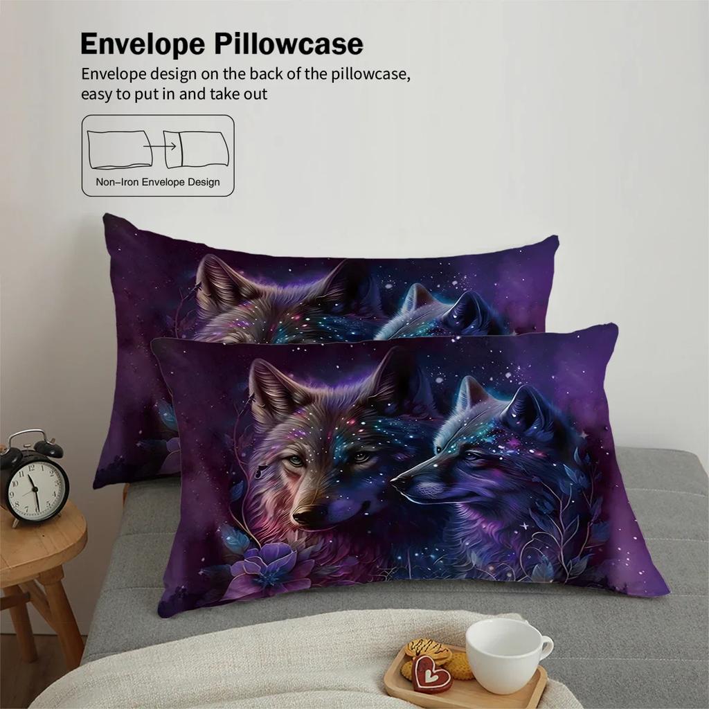 3Pcs Wolf At Night Pattern Printed Bedding Set, 1*Duvet Cover+2*Pillowcase, Suitable For King Bed, Single Bed For All Seasons