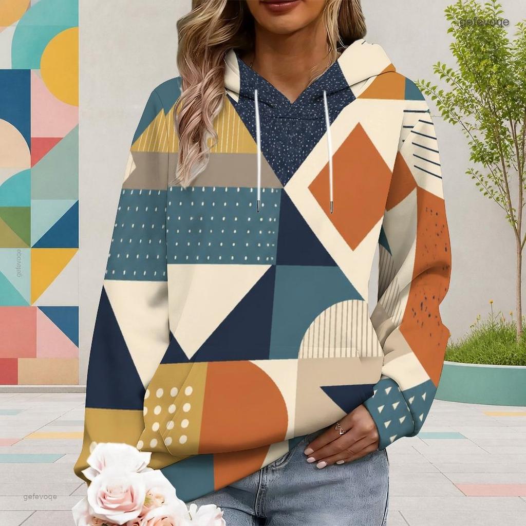 Kadın Plus Beden Uzun Kollu İpli Kapüşonlu Sweatshirt Soyut Baskılı Kanguru Cepli Pullover