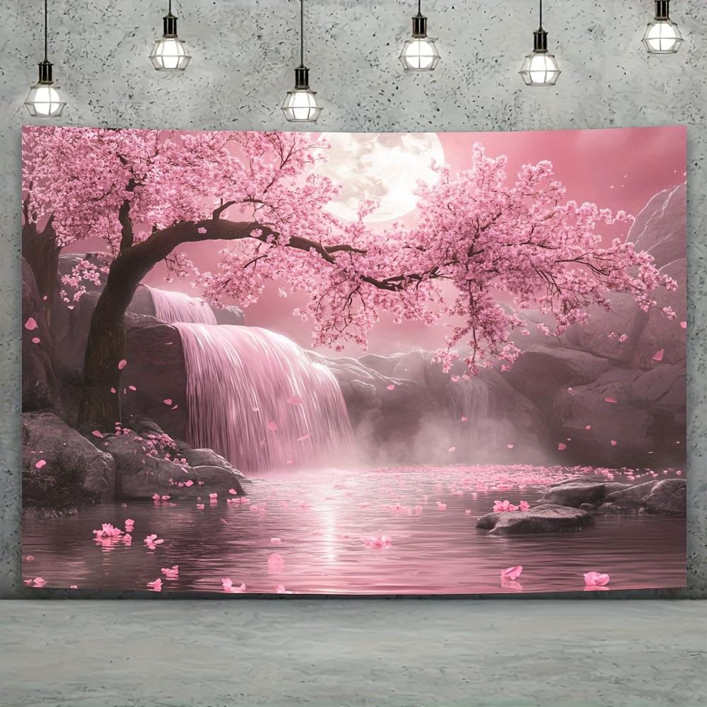1pc Cherry Blossom Background with Pink Cherry Blossom Trees and Waterfall Scenes