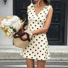 Women V Neck Polka Dot High Waist Tie Dress Sleeveless Above Knee Casual Fit A Line Dress for Daily or Holiday Wear