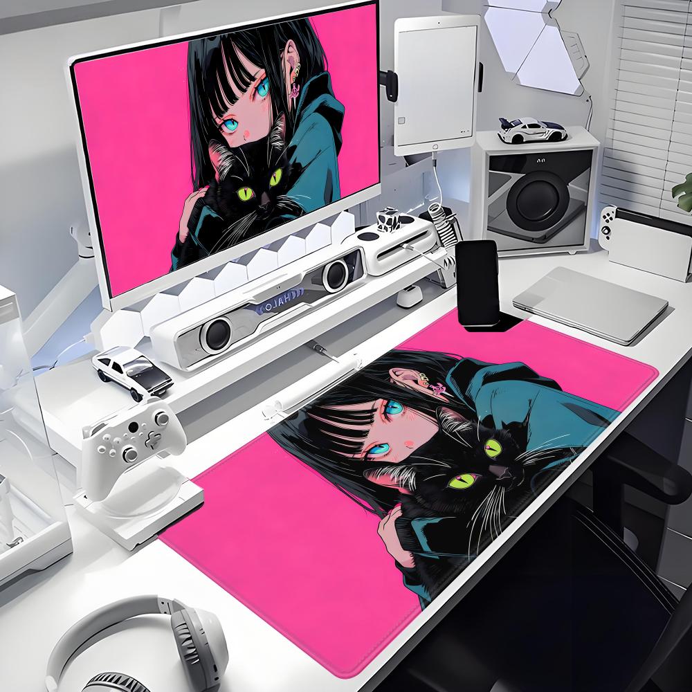 Gaming Mouse Pad Anime Black Cat Eyes Setup Gaming Keyboard HYBXAXC Pad Computer Desk Mat Large Rug Office Gadgets Kawaii Laptop 800x400x2mm