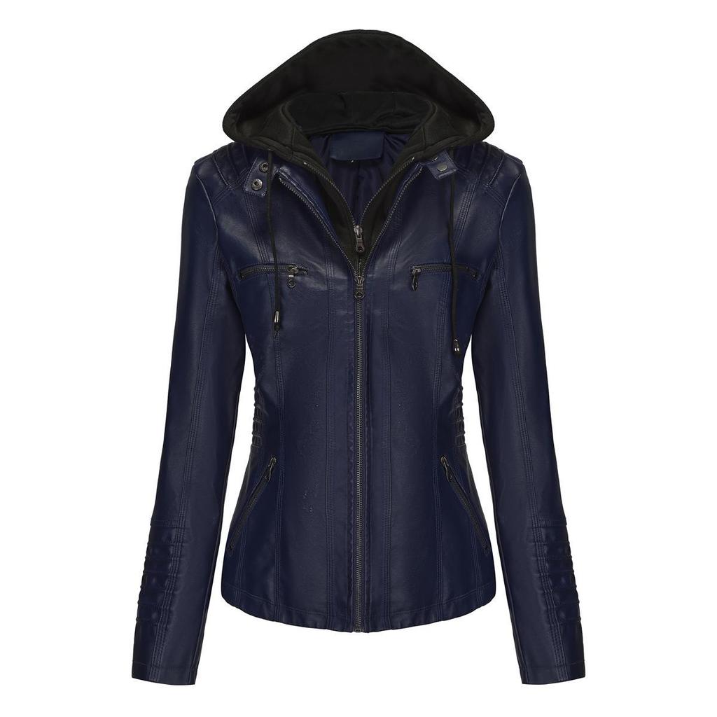 Damen Lederjacke mit Kapuze in Übergröße & Abnehmbares zweiteiliges Set für Frühling/Herbst