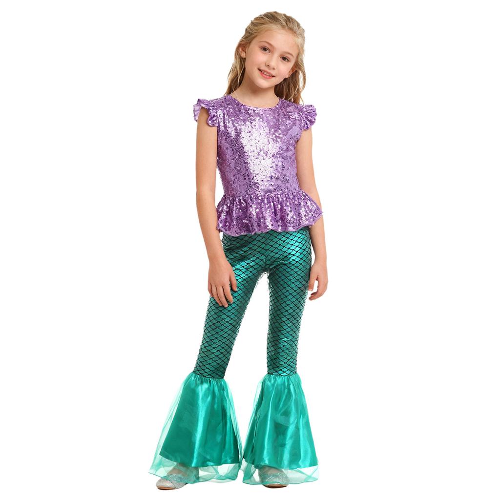 Girls 2 Pieces Mermaid Costume Sequins Short Sleeves Zipper Peplum Top Elastic Waist Ruffle Flared Pants Set