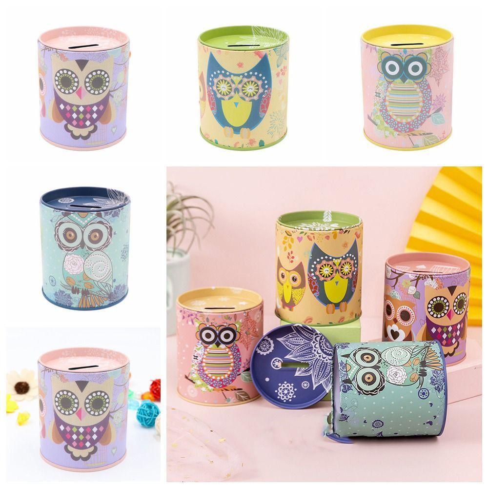 Iron Owl Piggy Bank Mini Metal Storage Box Easy Use Round Saving Banks  Birthday Gift