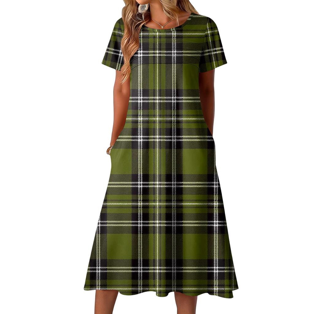 Ladies' Plaid Printed Casual And Fashionable Short Sleeved Round Neck Dress