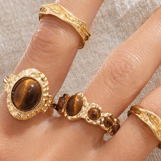 4Pcs/Set Finger Ring Set, Tiger Eye Stone Finger Ring Set, Adjustable Opening Stacking Rings for Women, Jewelry Gift