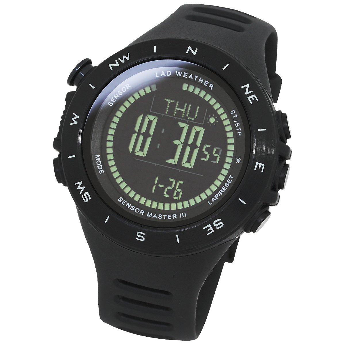 

RadWeather Digital Watch with Thermometer, Pedometer, and 100m Water Resistance (Black Inverted)