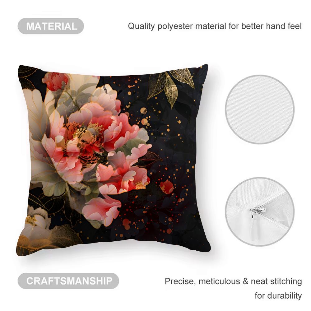 Peony Cushion Cover Anti-dustmite Pillowcase Invisible Zipper Silky Short Plush Sofa Cushion Cover