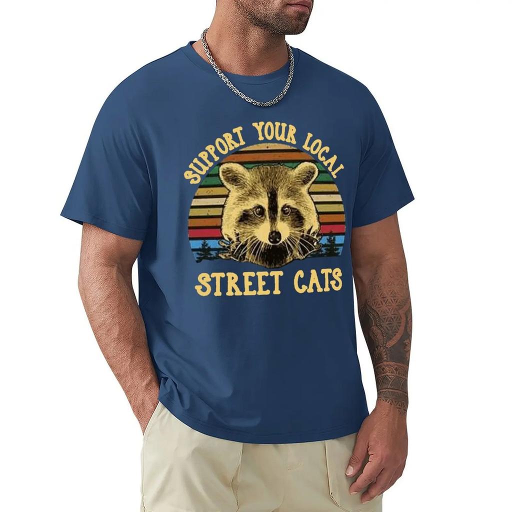 Raccoon Support Your Local Street Cats Vintage Men T-Shirt Black Cotton Unisex Loose Fit TEE Shirt