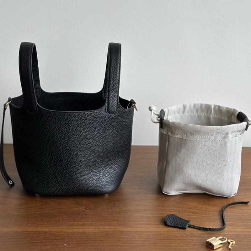 New leather first layer cowhide lychee pattern bucket bag handbag vegetable basket bag women's bag