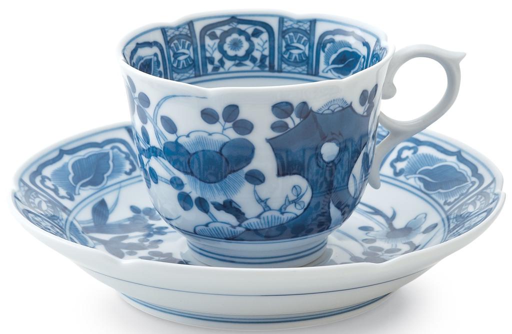 Hogdseirrs Arita Ware Shobido Honten Blue and White Fuyou-te Coffee Cup and Saucer S-3182
