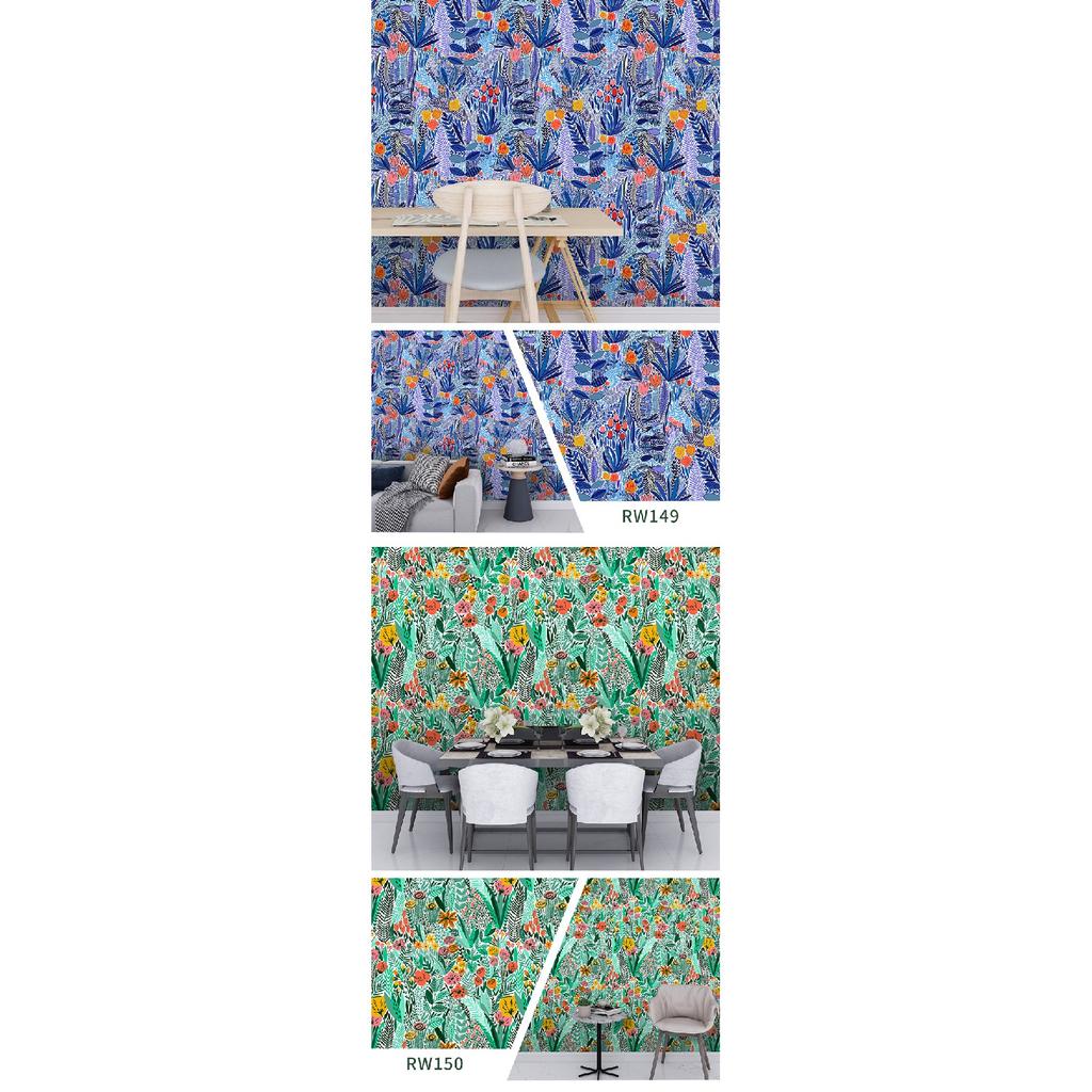 Removable Seamless Self-Adhesive Wallpaper for Living Room Background (Green Plants and Flowers)