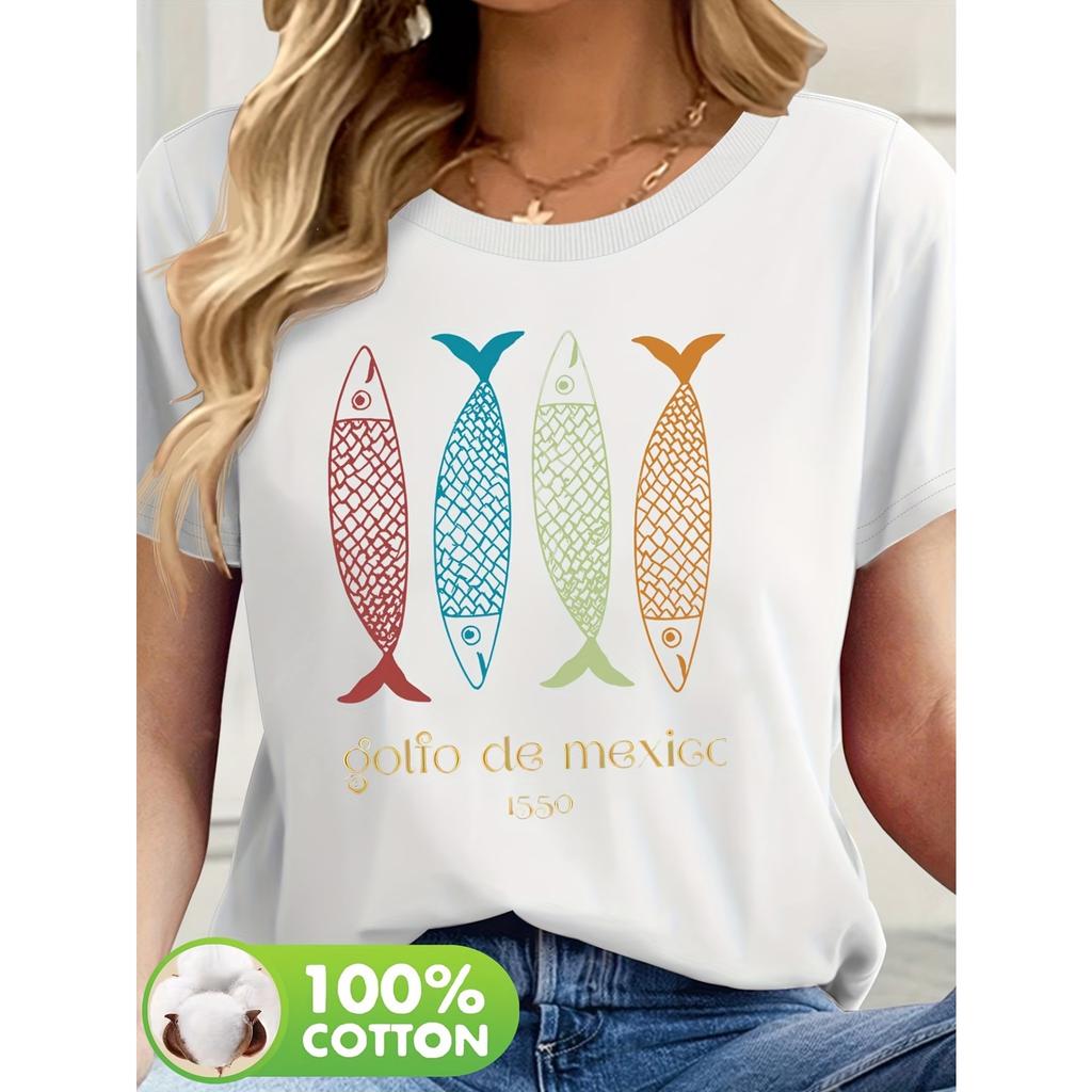 Four Fish Letter Pattern Printed Casual Round Neck Short Sleeve T-shirt Summer New Women's Wear