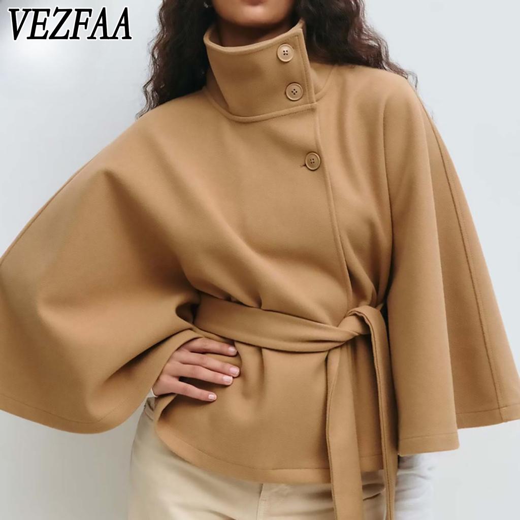 VEZFAA Women's Fashion Casual Plaid Print Fall Winter Long Sleeve High Neck Jackets & Coats