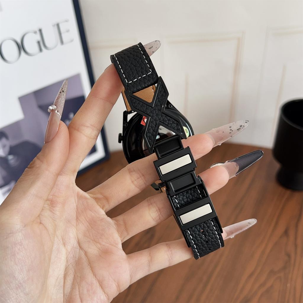 For Samsung Galaxy Watch7 44mm/40mm Watch Band 20mm Magnetic X-Buckle Litchi Texture Leather Strap