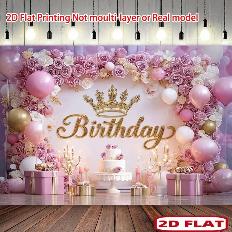 

2D Pink Gold Princess Birthday Backdrop Banner Crown Rose Flower Happy Birthday Party Decor Background 47.2x31.5inch/120*80cm