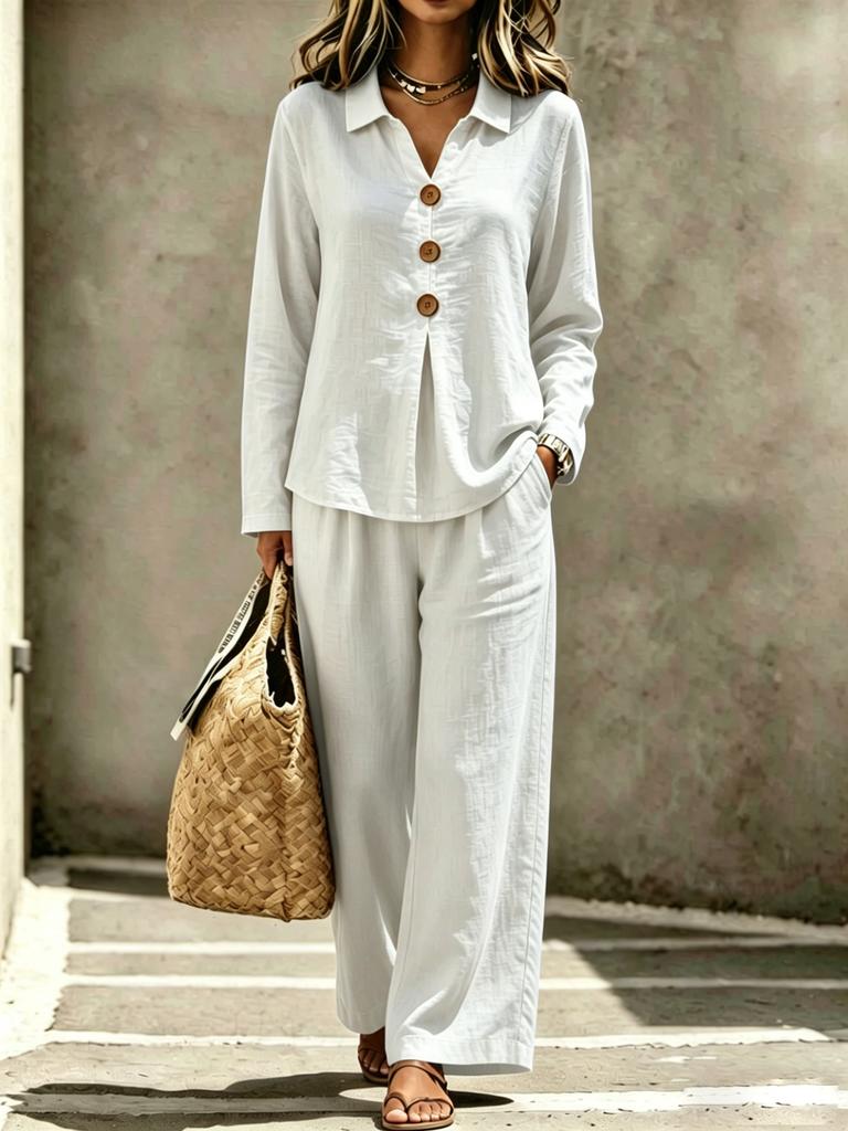 1116 Europäische und amerikanische Damen neue Mode lässig Knopf Polokragen Langarm Hose zweiteiliges Set