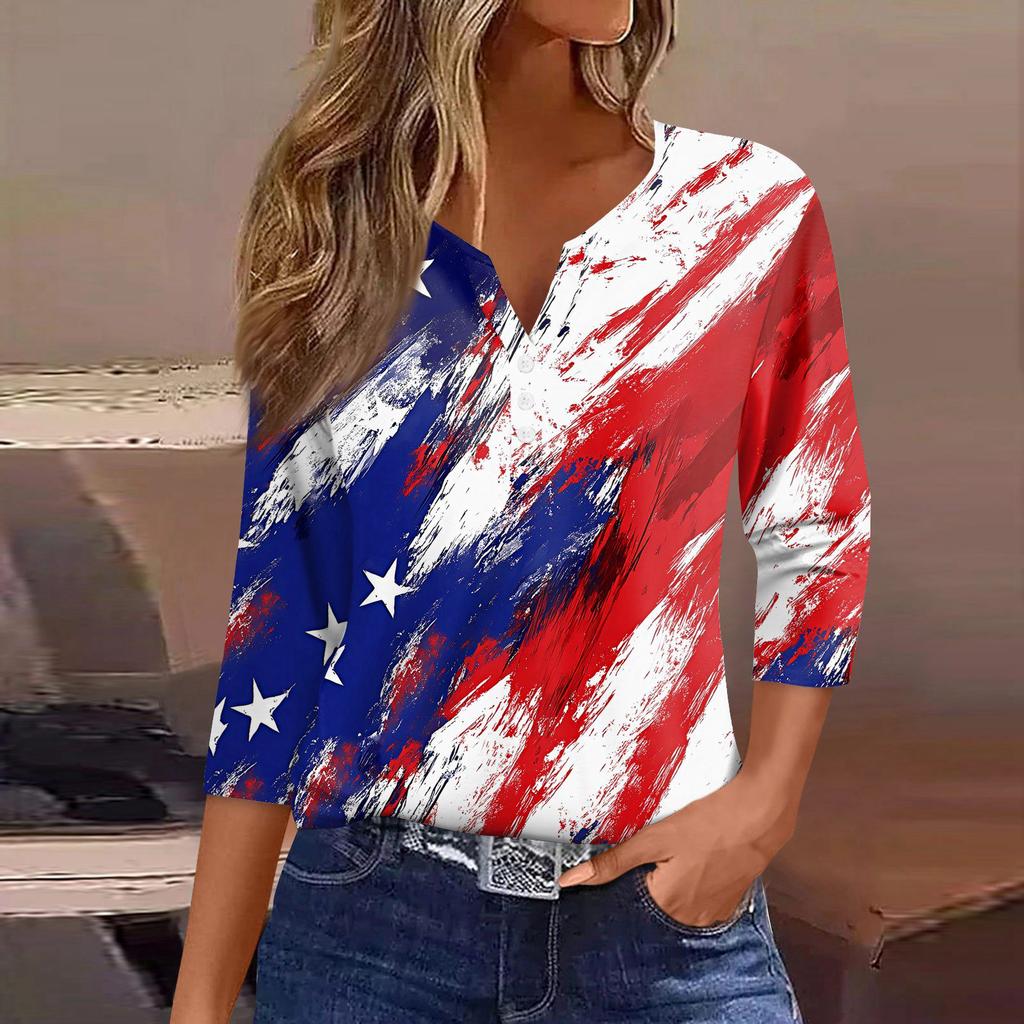 Women's T Shirt Independence Day Print Button 3/4 Sleeve Daily Weekend Fashion Basic V- Neck Regular Top