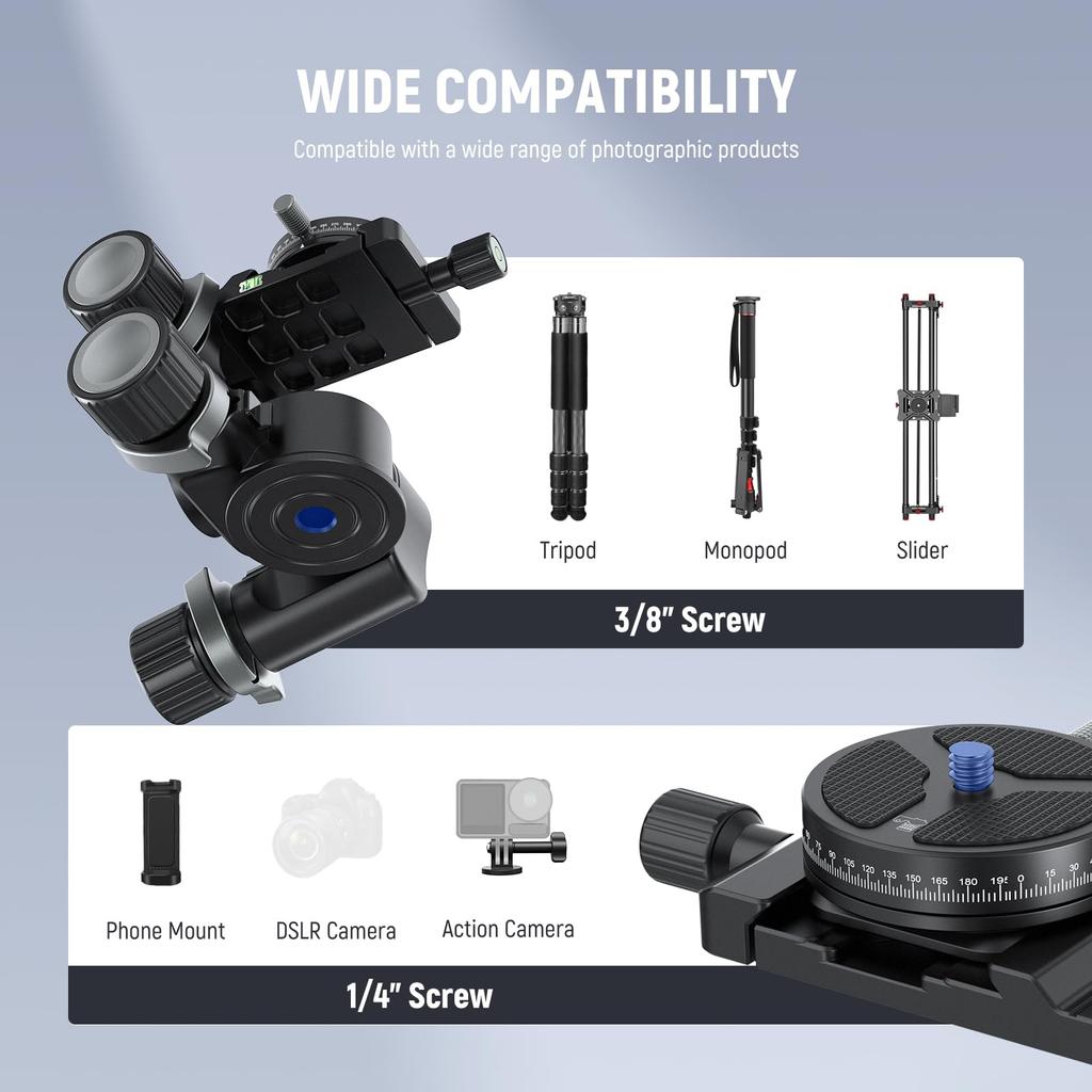 NEEWER TH16 Geared Tripod Head with Panoramic QR Aluminum Alloy Large Fine Dual Mode with Quick Maximum Load of 6kg 3-Way Head, 3-Axis Pan/Tilt
