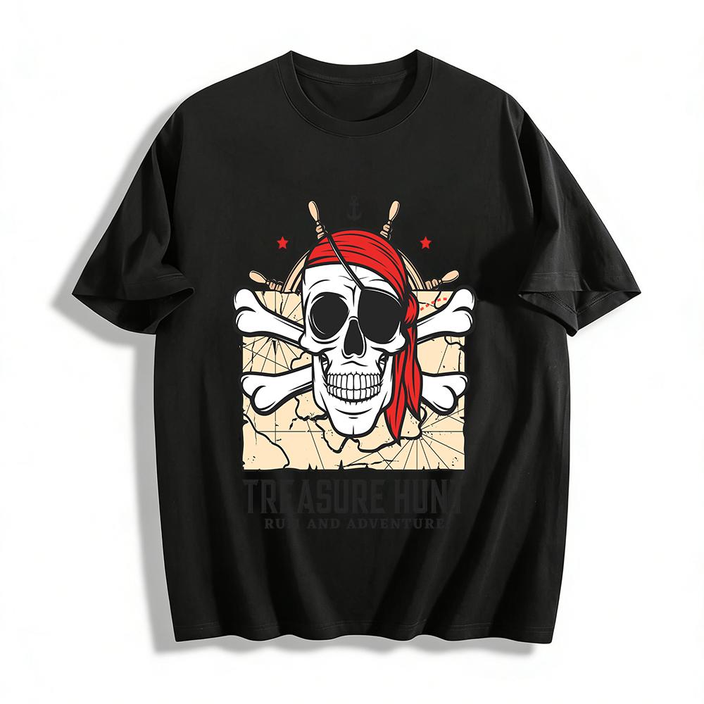 

Treasure Hunt Vintage Skull Print Tee Rum Adventure Themed Pirate Top Pure cotton T-shirt XXS
