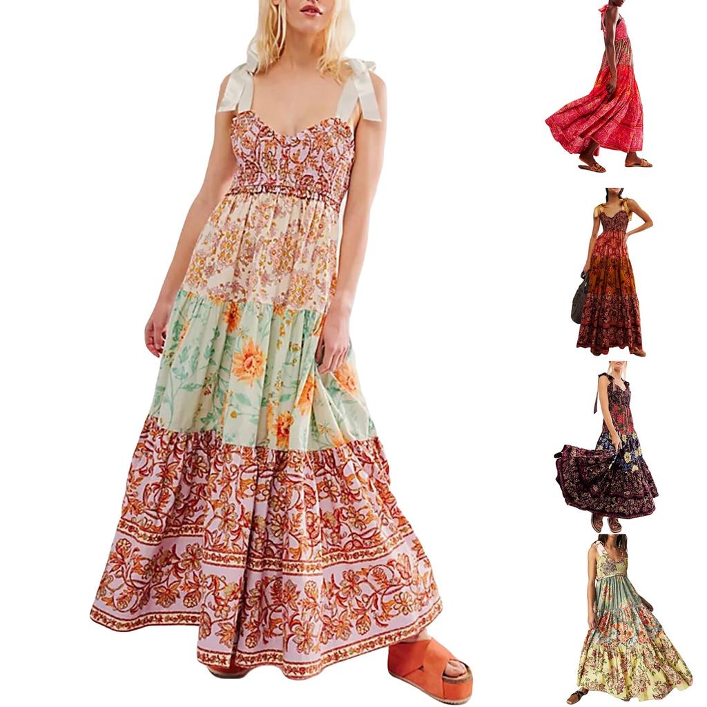 Damen Sommerkleider Fließendes, gesmoktes Maxikleid Ärmellos Binden Schulter Boho Kleider Blumen Strand Sommerkleider