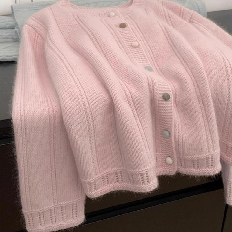 

Круглый вырез горловины ажурный вязаный кардиган женский весна и осень ленивый стиль высококачественный свитер куртка топ L розовый