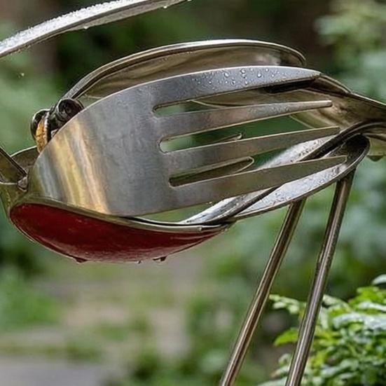 Handgefertigte Metallvogel-Skulptur, Statue aus recyceltem Besteck, Rustikalisches Gabel-Löffel-Vogel-Figürchen für Garten, Terrasse, Bürotisch