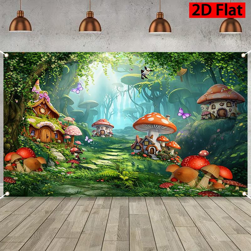 2D plane 1 piece of fantasy mushroom village magic forest-themed background banner 100x150cm