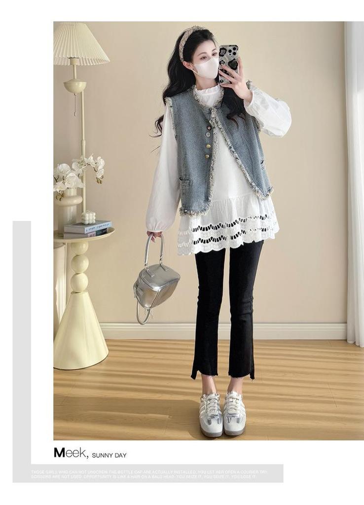 Spring 2026 Tassel Denim Vest & Korean Lace Patchwork Shirt Two-Piece Set