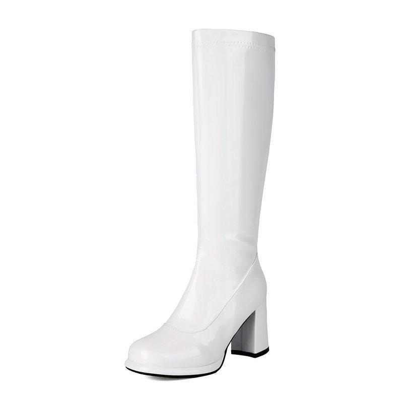 Women's Tall Boots Glossy Patent Leather Round Head Waterproof Table Thick Sole Thick Heel High Heel Side Zipper But Knee Boots Elastic