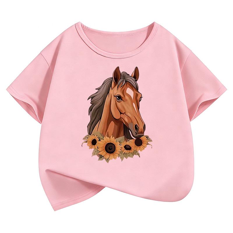 Fashion Horse with Flower T-Shirt Girls Animal Printed T Shirt Girls' Summer Clothes Short Sleeve Tops T-Shirts Cute Clothing