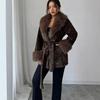 Cappotto Lungo in Finta Pelliccia di Vison con Stampa Leopardo e Collo Oversize in Pelliccia di Volpe Vestibilità Aderente Capospalla Invernale da Donna