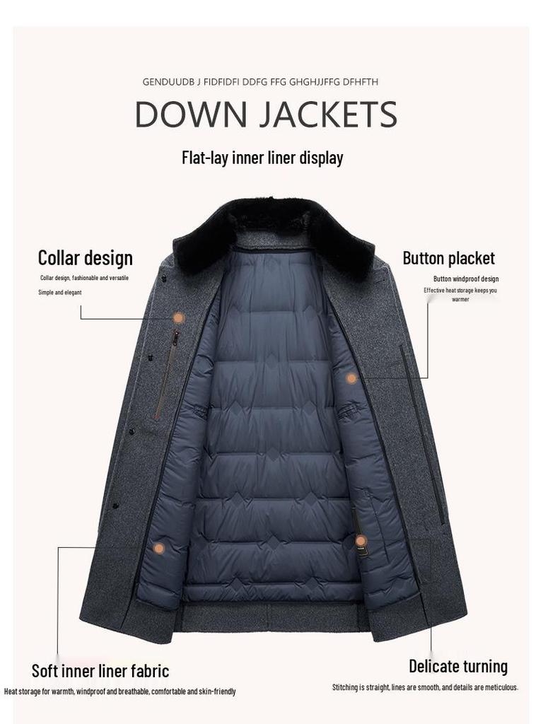Men's Mid-Length Wool Coat with Removable White Goose Down Liner - Thickened Warm Windbreaker for Autumn/Winter Season