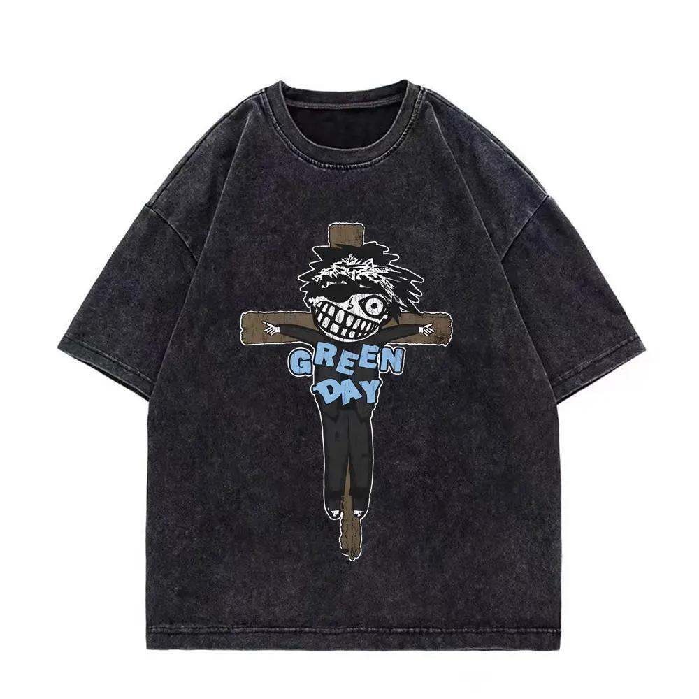 Rocková kapela zelené jednodenní turné módní retro prané tričko pro muže a ženy s krátkým rukávem nadměrné volné tričko top