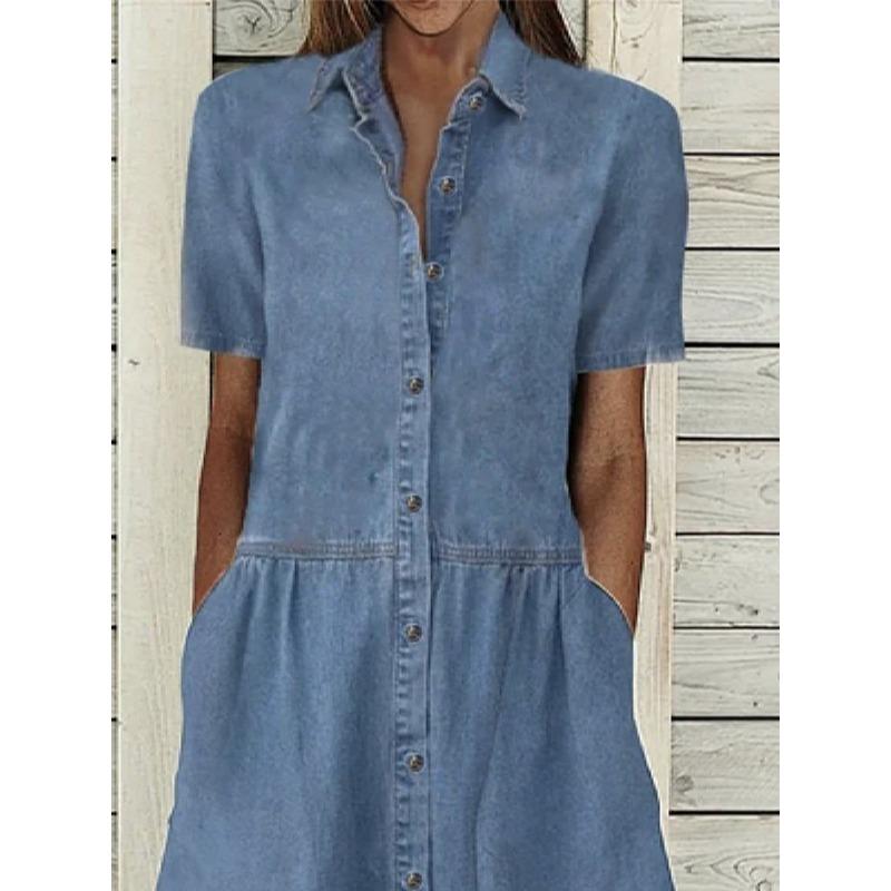 Купить Летнее джинсовое платье-рубашка с коротким рукавом, женское ...