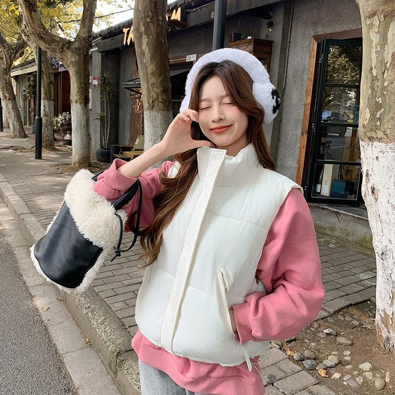 Cotton Vest Women's Short Solid Color Stand-up Collar Loose Cotton Vest Jacket Cotton Vest Sleeveless Cotton Vest Tide