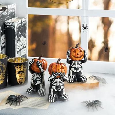 Halloween Decoration Skeleton Pumpkin Shape Statues Resin Gothic Decor Home Party Festival Skull Figurine