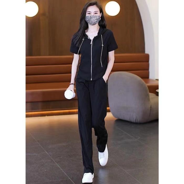 Summer Korean-style Loose Short-sleeved Fashionable Stylish Long Pants Two-piece Set of Cardigan Casual Sports Suit for Women