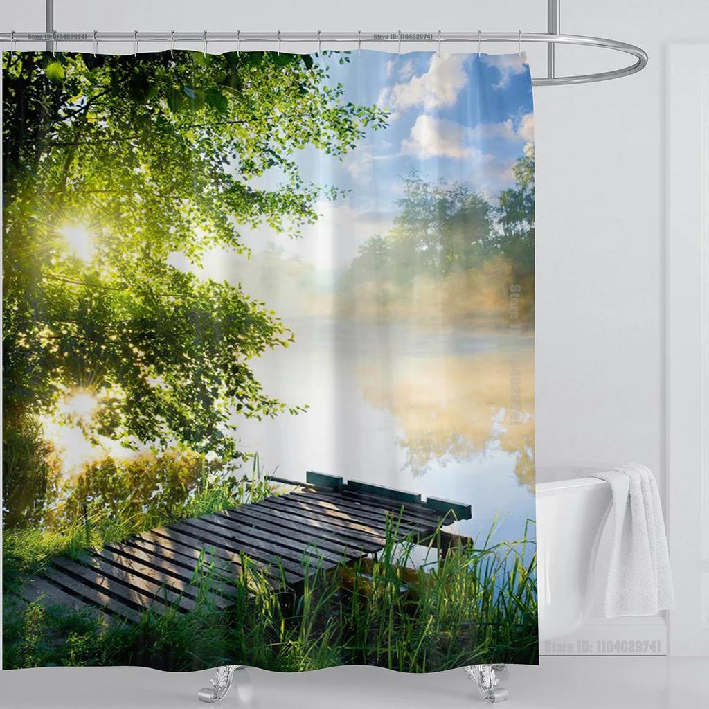 Modern 3D Printing Forest Refreshing Scenery Shower Curtain Waterproof Landscape Green Plant Mountain With Hooks Bathroom Decor