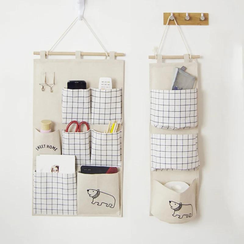 3 Pockets Wall-mounted Storage Bag Cotton and Linen Closet Door Sundries Clothes Cosmetic Toys Organizer For Bedroom