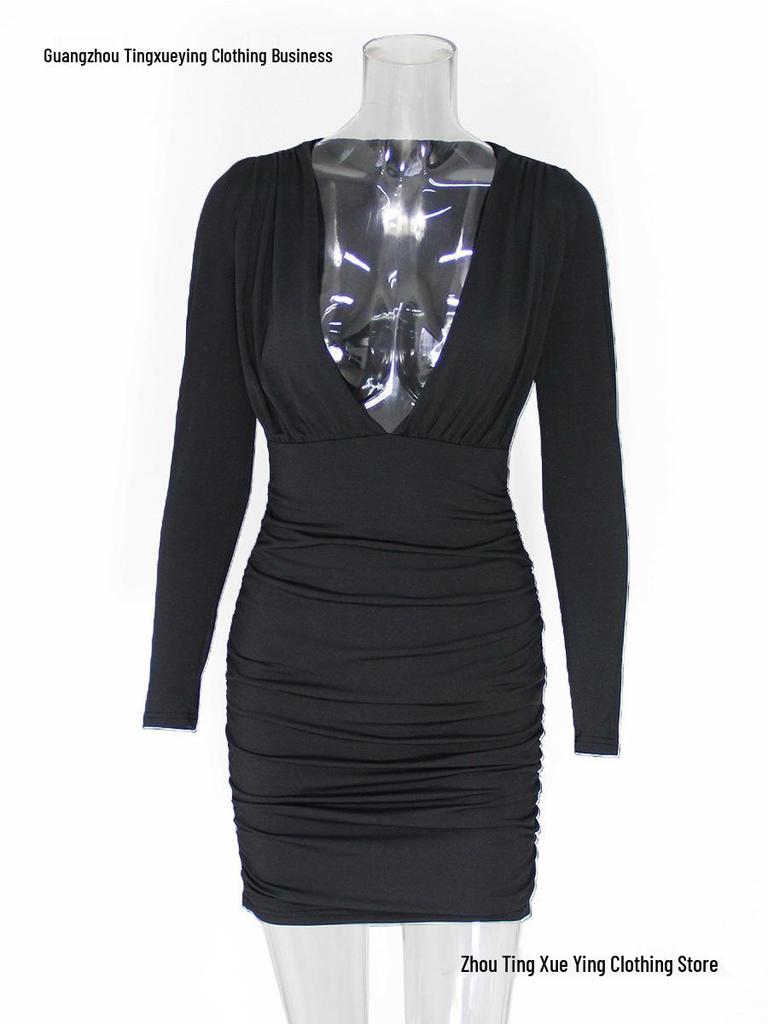 European Sexy Deep V Ruffled Bodycon Dress for Autumn/Winter