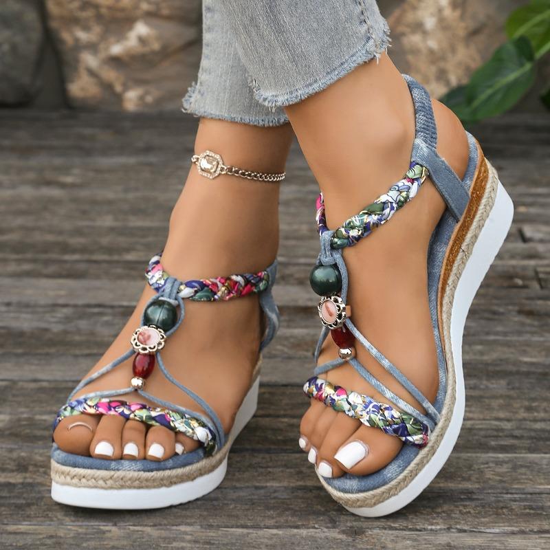 Fashion Roman Sandals Women Fashion Round Head Open Toe Matching Color Beaded Soft Sole Anti-slip Wear-resistant Large Size Wedge Shoes