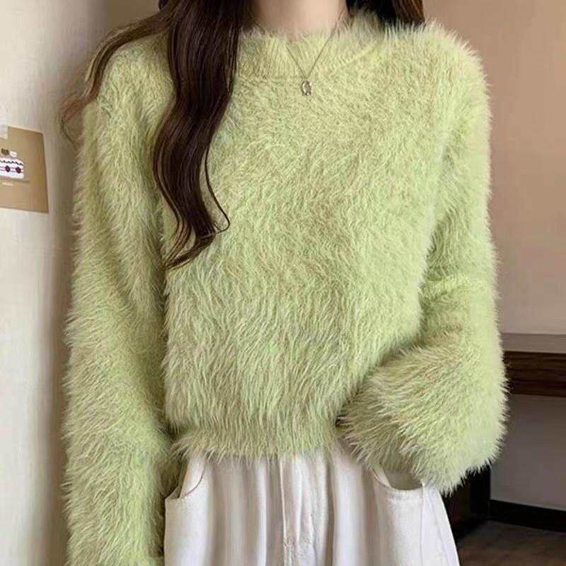 Ladies Autumn Winter Long Sleeve O Neck Pullover Solid Color Knitted Plush Blouse Sweater Top