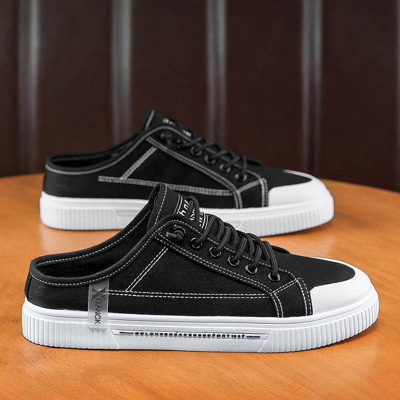 2025 Summer Canvas Backless Slip On Flats Loafers Slipper Half Shoes For Men Mules Man Slides Mens Semi-Drag Casual Board Shoes