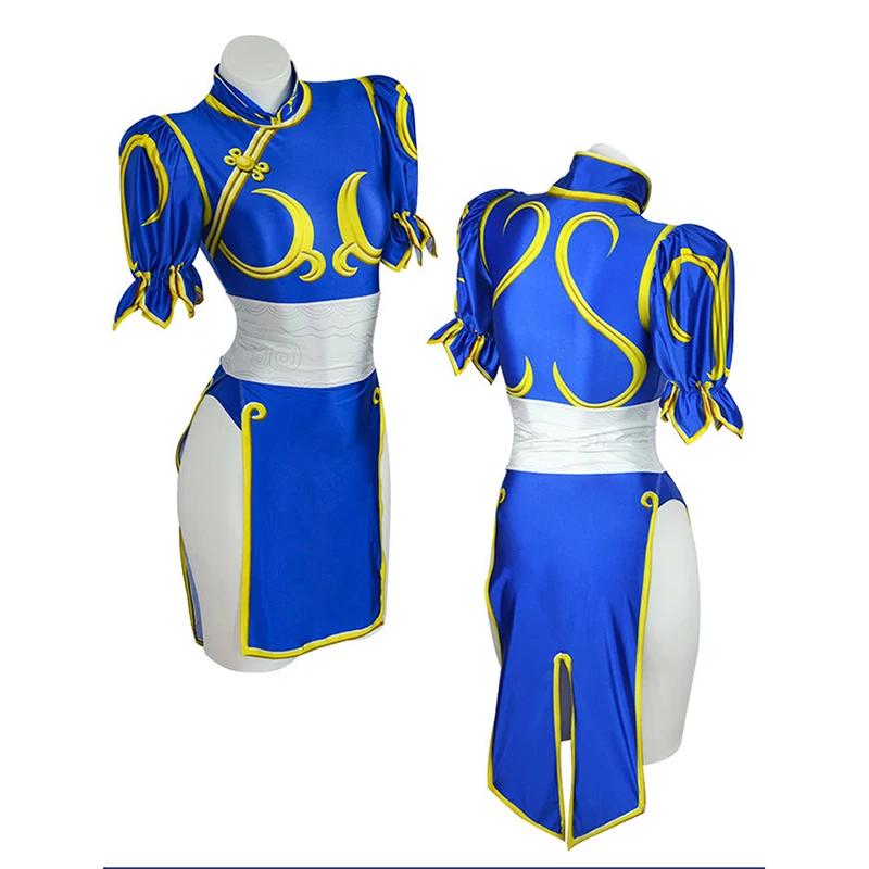 Chun Li Cosplay Dress Costume Game SF Chunli Role Play Blue Qipao Outfit Full Set Jackie Kung fu Halloween Party Suit For Fun