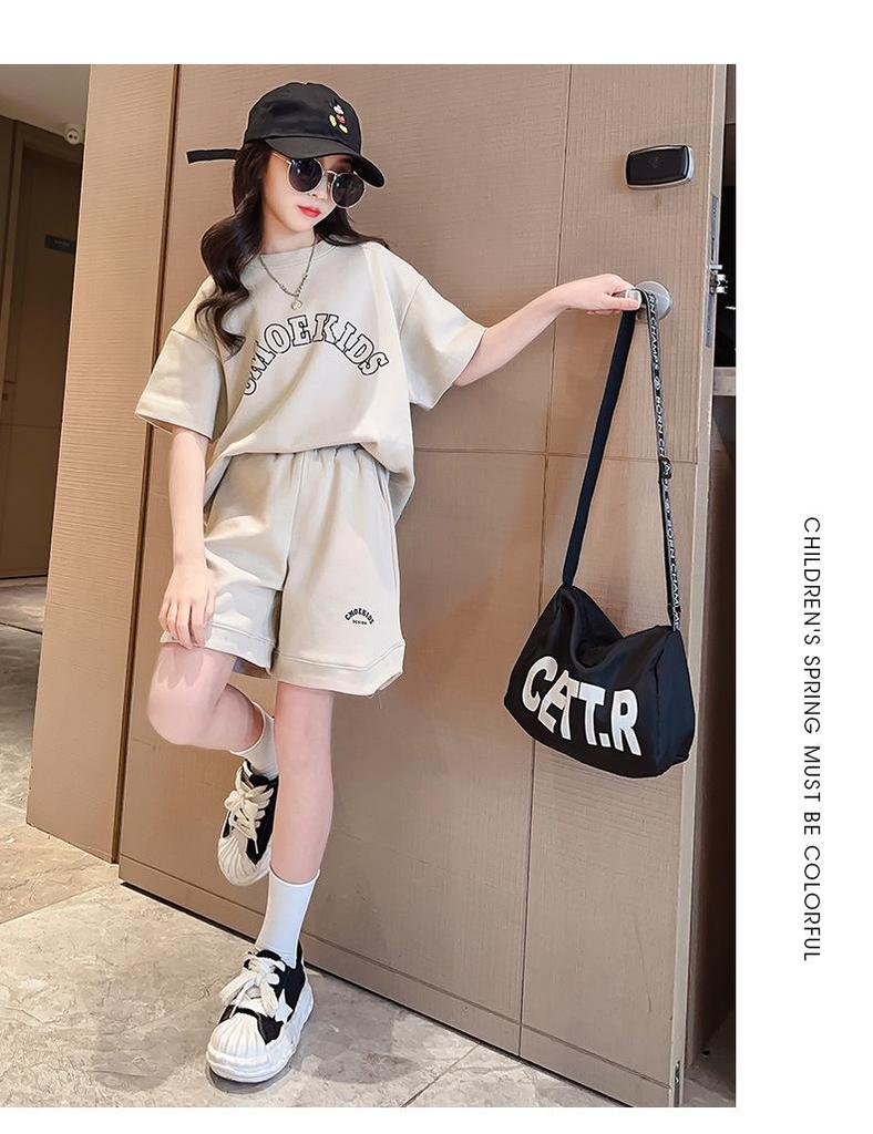 Summer 2025 Girls' Fashion Streetwear: Big Kids' Sporty Two-Piece Short-Sleeve Set