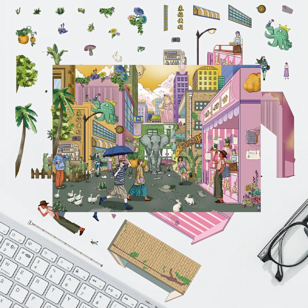 Cartoon Large Town Roaming Landscape Sticker 3D Miniature World Unzipped DIY Scene Account