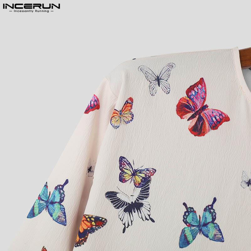 INCERUN Frühling Herbst Tops Männer V-Ausschnitt Langarm Blumendruck Casual Tops