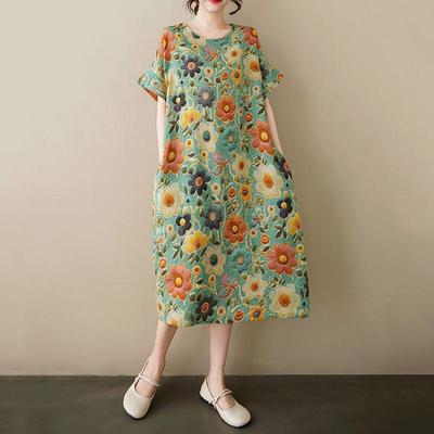 Kısa kollu Artı boyutu pamuklu vintage çiçekli yeni elbiseler kadınlar için gündelik gevşek uzun yazlık elbise