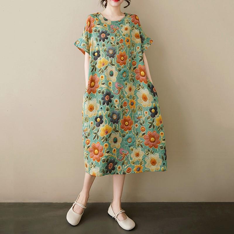 Short Sleeve Plus Size Cotton Vintage Floral New In Dresses for Women Casual Loose Long Summer Dress